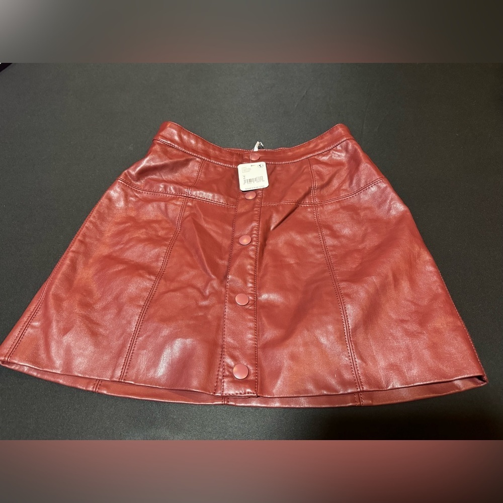 Free People Burgundy Faux Leather Mini Skirt Button Front A-Line Size 2 NWT